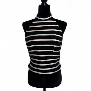 Vintage CACHE Halter Top Sz 12 Corset Back Zipper Black White Striped Crop Y2K